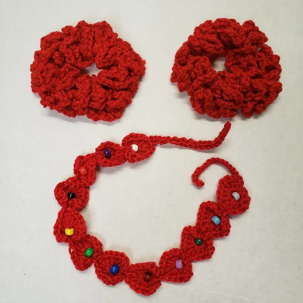 Woman's Handmade Crochet 2 Scrunchies and Beaded Headband Red New